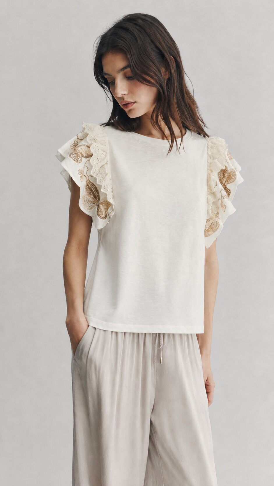 Wholesaler WAY WAY SRL - COTTON T-SHIRT WITH SAN GALLO RUFFLES AND BUTTERFLY EMBROIDERY