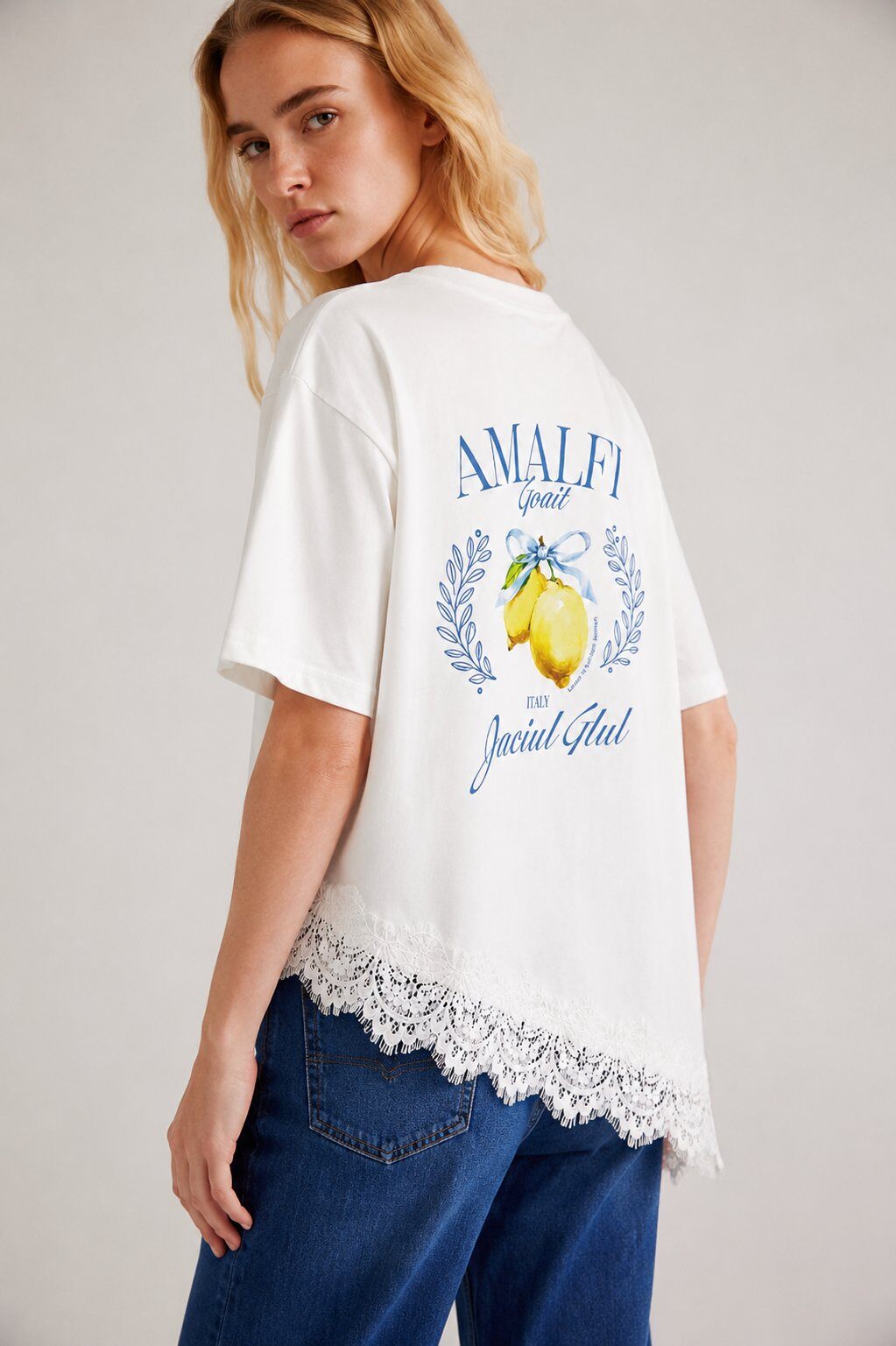 Wholesaler WAY WAY SRL - COMBED COTTON T-SHIRT WITH AMALFI LEMON PRINT AND ASYMMETRICAL LACE