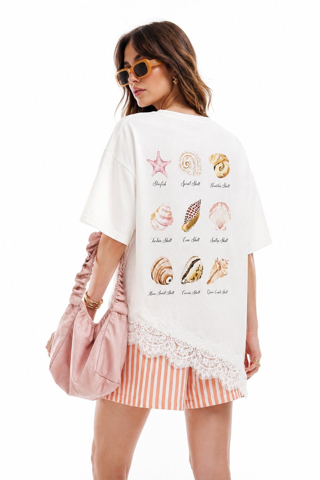 Wholesaler WAY WAY SRL - COMBED COTTON T-SHIRT WITH SHELL PRINT AND ASYMMETRICAL LACE