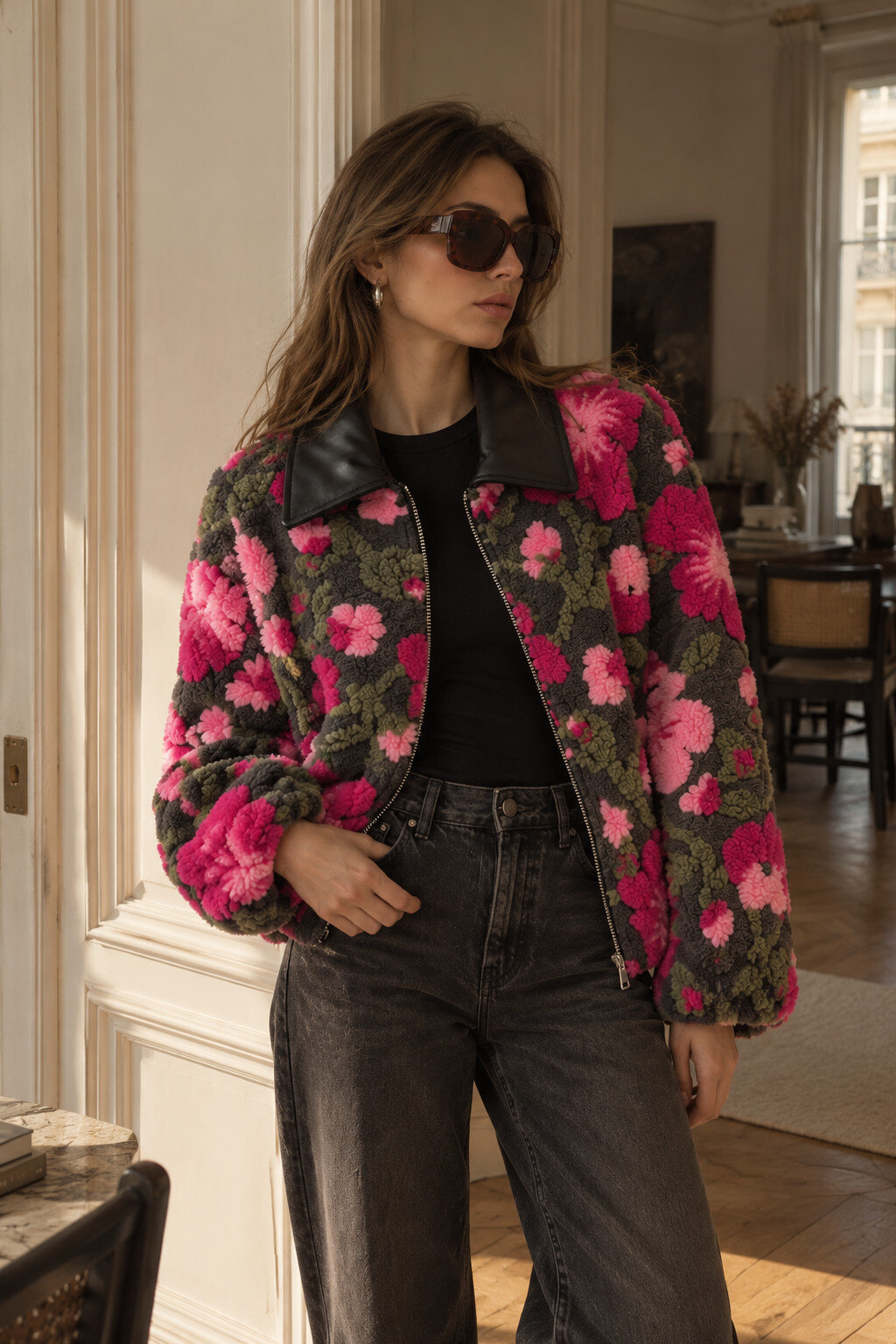 Grossista WAY WAY SRL - Giacca in lana cotta a fiori con collo in finta pelle
