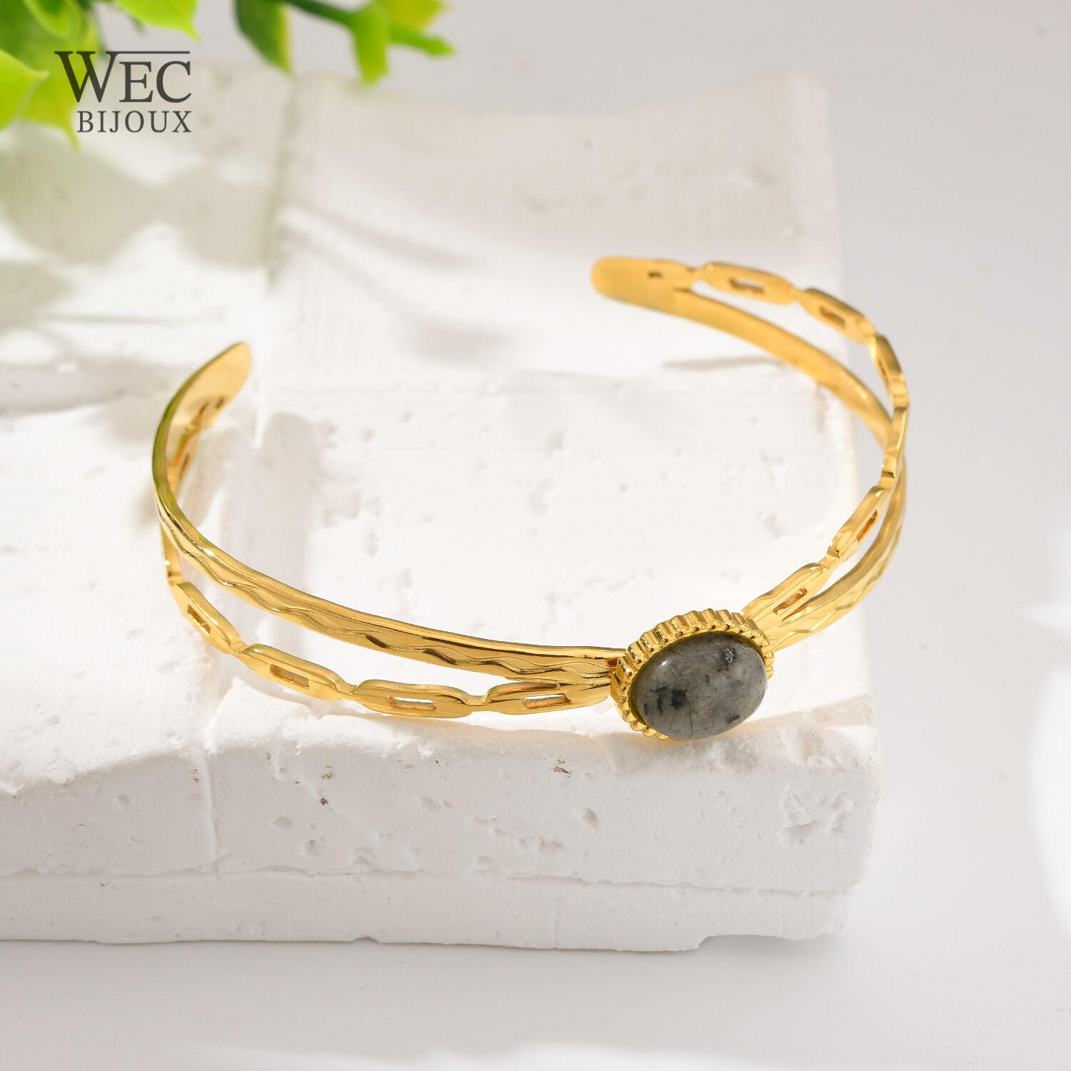 Grossiste WEC Bijoux - BRACELET JONC EN ACIER INOXYDABLE ,PIERRE