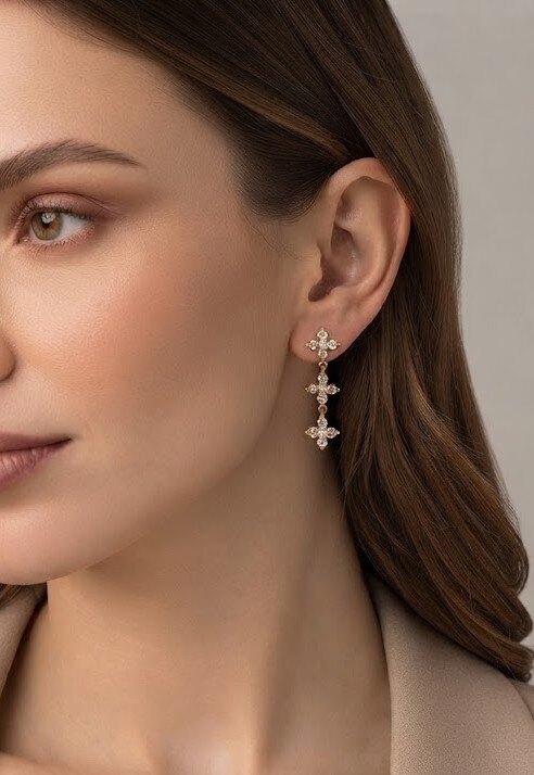 Grossiste WEC Bijoux - Boucles d'oreilles pendantes en acier inoxydable — Motif fleurs / croix serties de strass en cristal