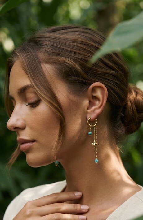 Wholesaler WEC Bijoux - Dangling hoop earrings with clover in stainless steel & natural stones