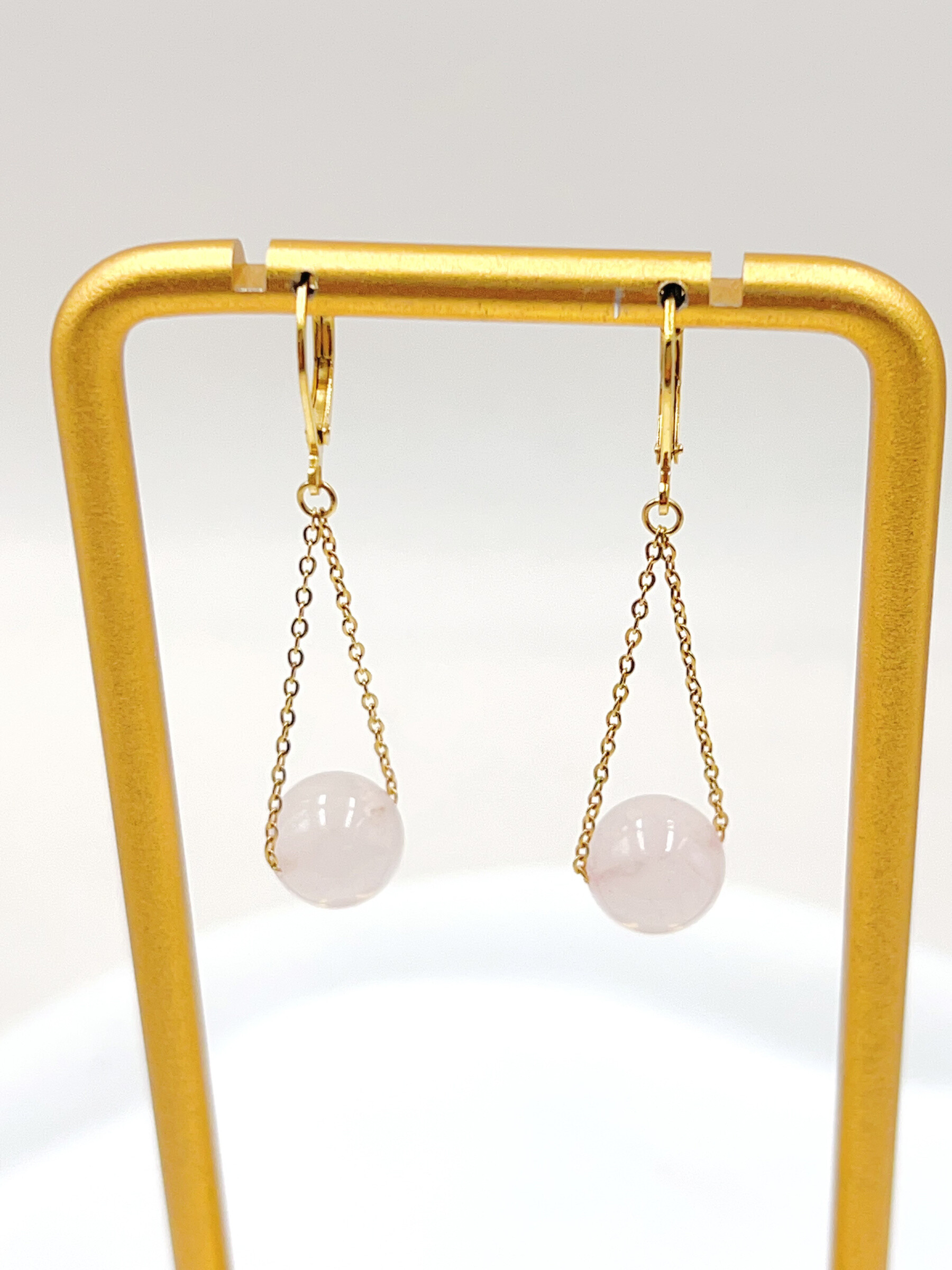 Grossiste WEC Bijoux - BOUCLE D' OREILLES EN ACIER INOXYDABLE + PIERRE QUART ROSE