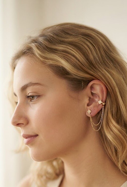 Wholesaler WEC Bijoux - Double motif clover & diamond-shaped earring with double chain in stainless steel