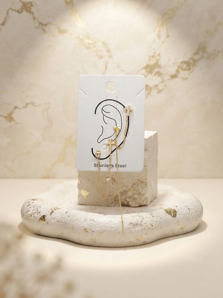 Grossiste WEC Bijoux - Ensemble de Boucles d'Oreilles Chaînettes & Croix en Acier Inoxydable
