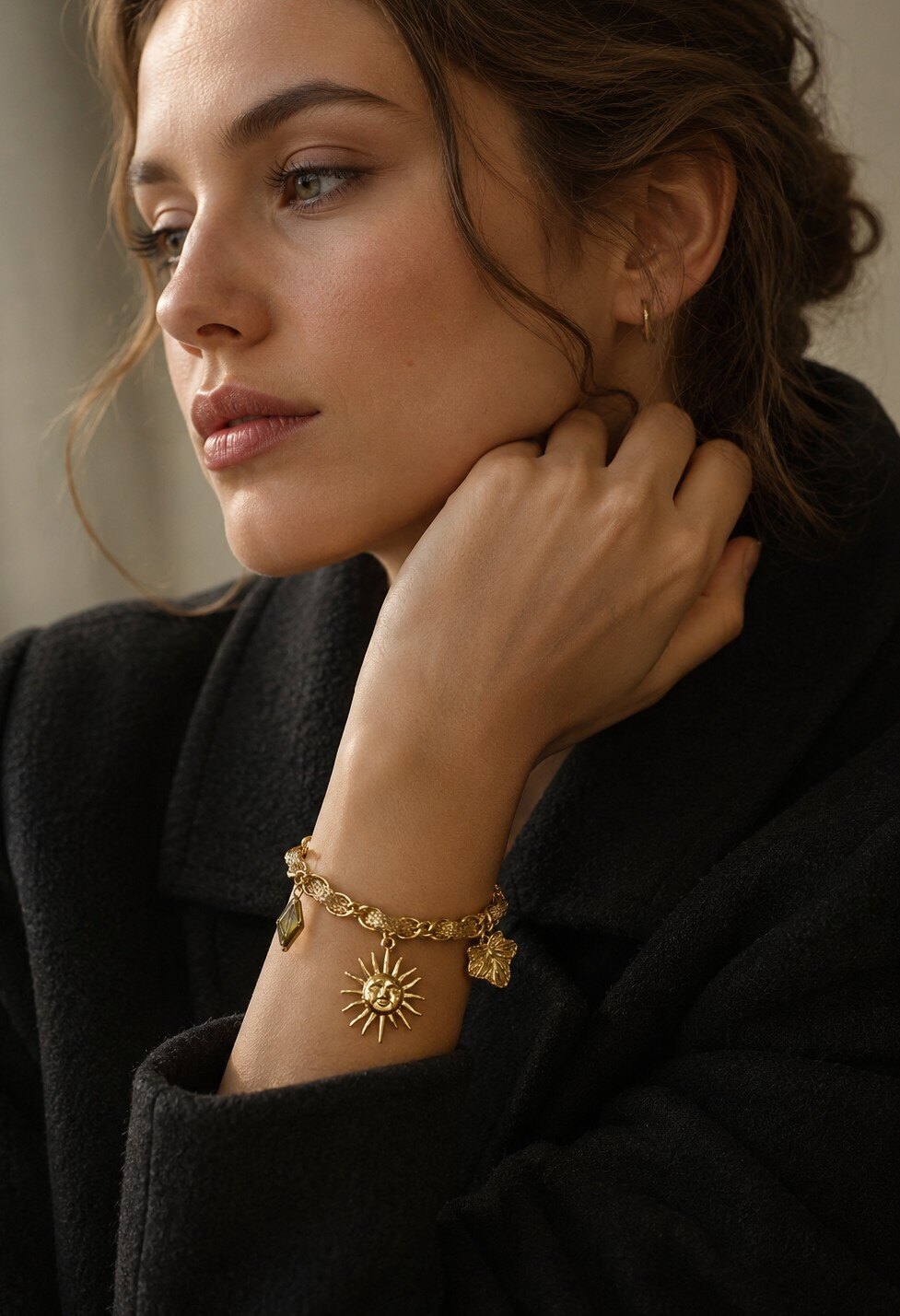 Wholesaler WEC Bijoux - Link & Braided Cord Bracelet in Stainless Steel — Sun & Leaf Charms in Stainless Steel