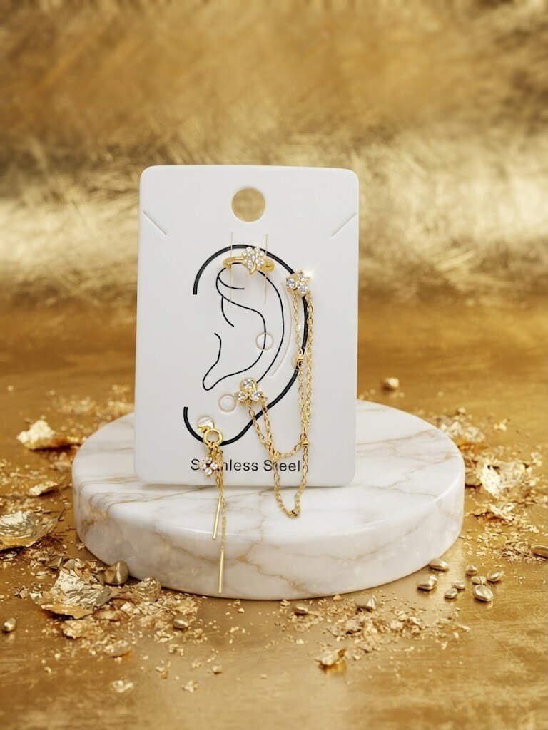 Grossiste WEC Bijoux - Set d'Oreille Floral & Chaînettes en Acier Inoxydable