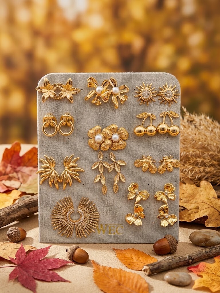Wholesaler WEC Bijoux - Set of 11 trendy gold stainless steel earrings + display stand