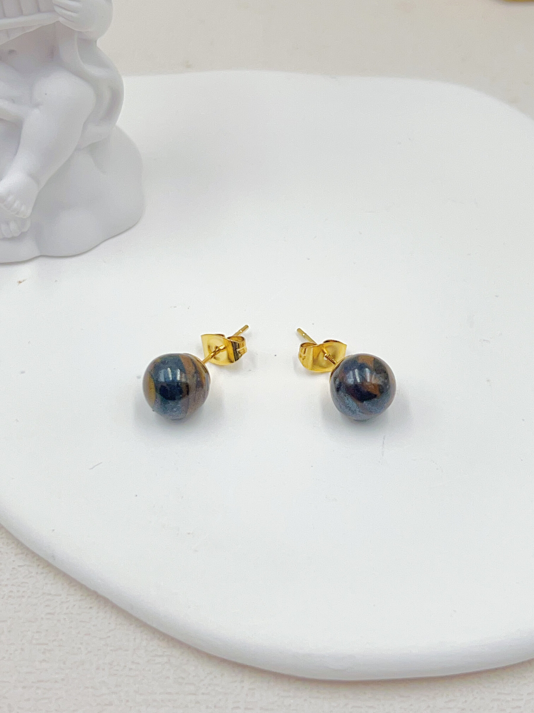 Grossiste WEC Bijoux - BOUCLE D' OREILLES EN ACIER INOXYDABLE + OEIL DE TIGRE