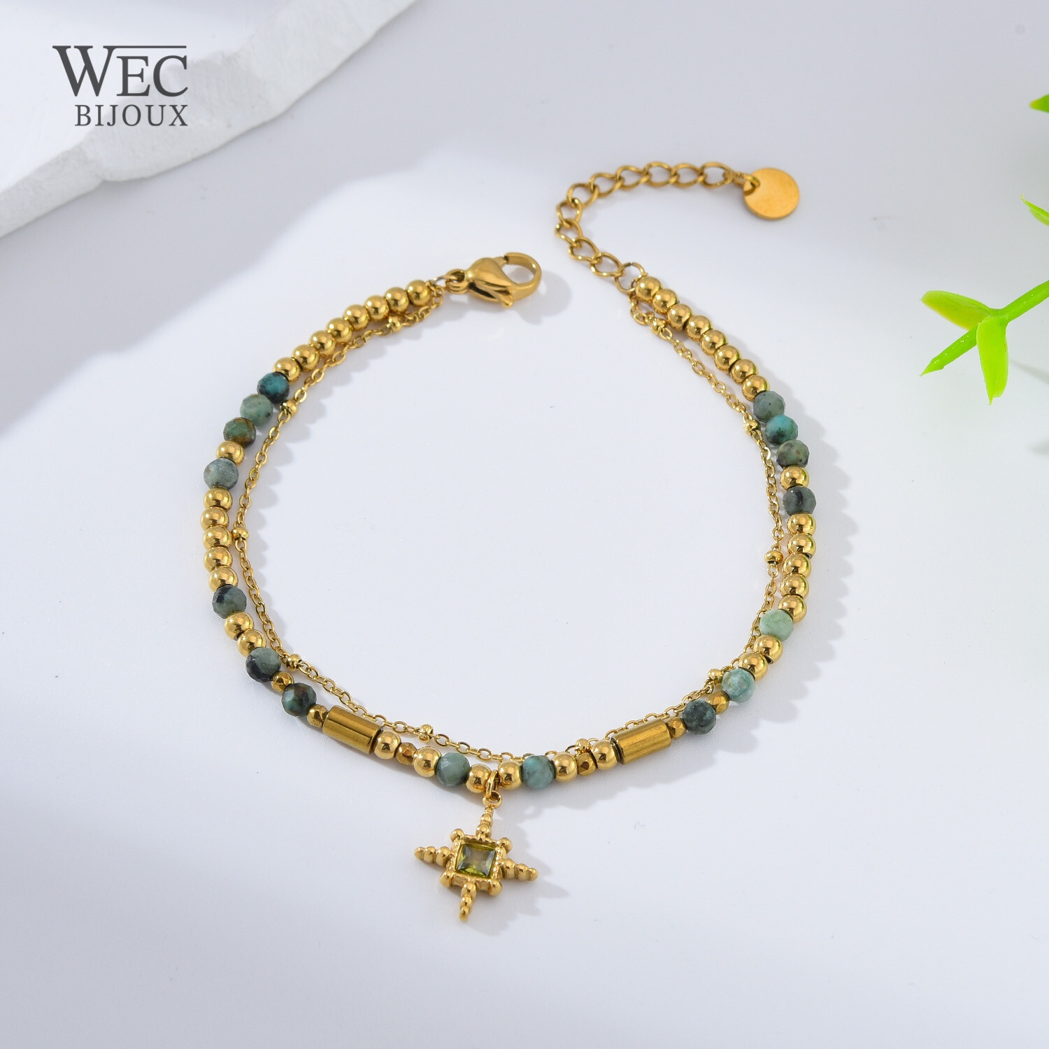 Wholesaler WEC Bijoux - DOUBLE CHAIN ​​BRACELET IN STAINLESS STEEL + NATURAL STONE