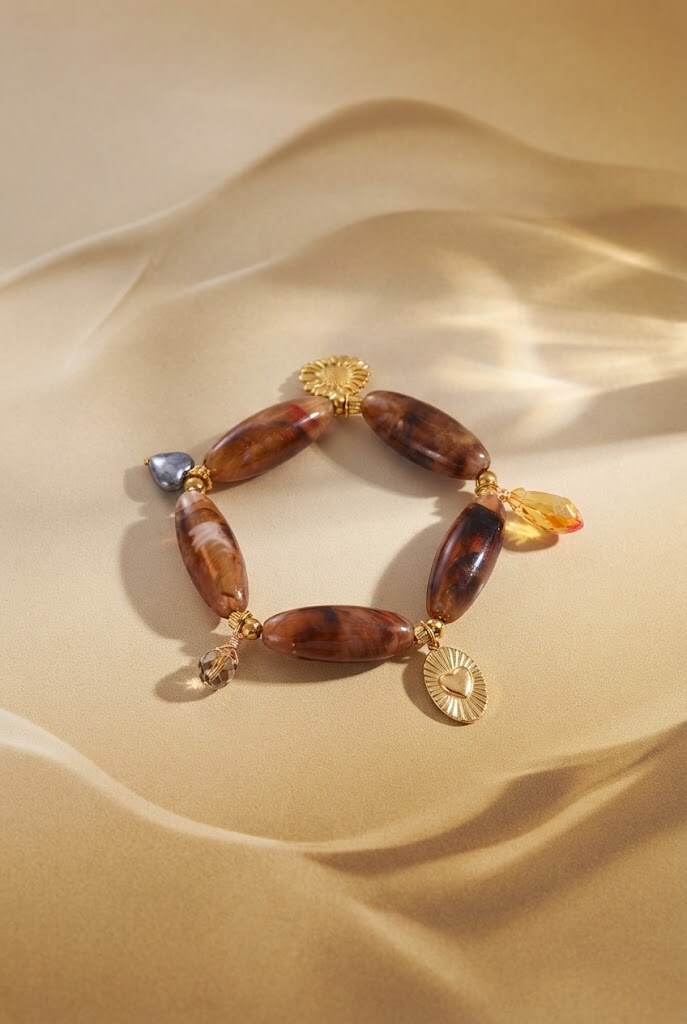Grossista WEC Bijoux - Bracciale «Bagliori d'Autunno» — Perle Effetto Tartaruga & Ciondoli Dorati
