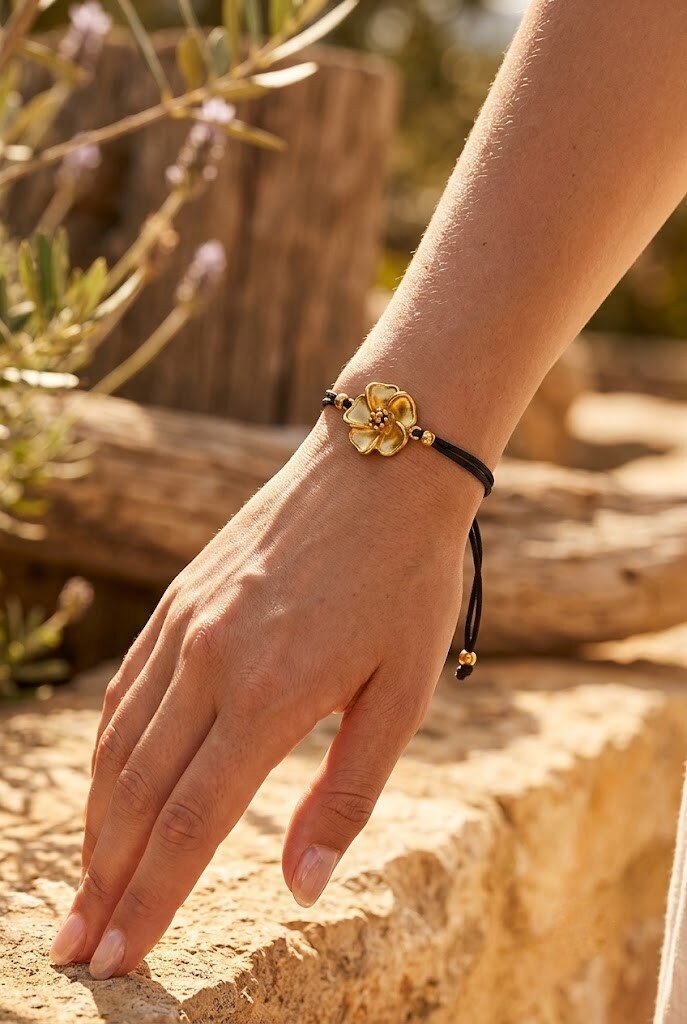 Mayorista WEC Bijoux - Pulsera de Flor en Acero Inoxidable Dorado con Cordón