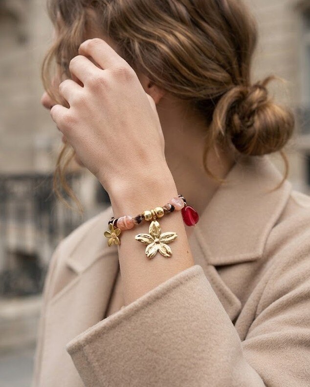 Grossiste WEC Bijoux - Bracelet en acier inoxydable Textile Léopard, Perles de Résine et Breloques Fleurs