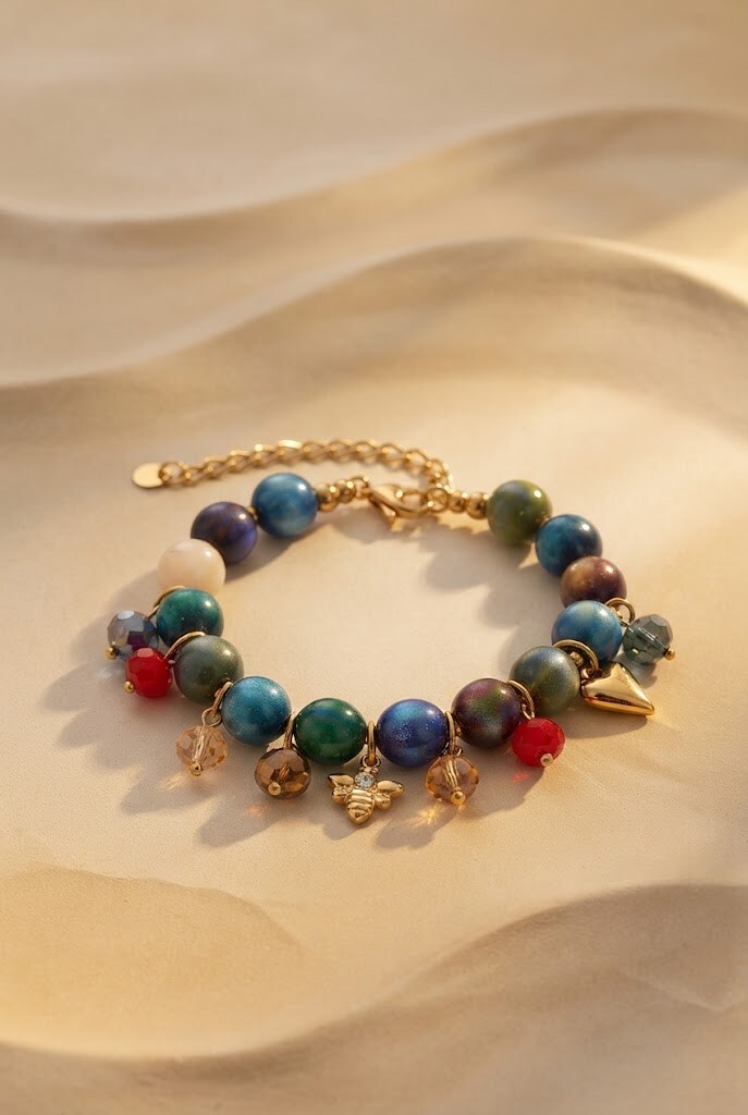 Grossista WEC Bijoux - Bracciale Multi-Perle & Ciondoli Dorati in Acciaio Inossidabile