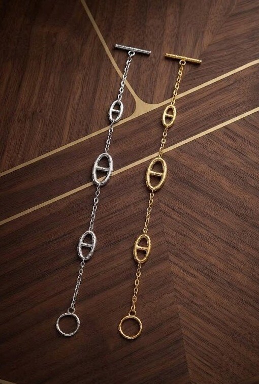 Großhändler WEC Bijoux - Texturiertes Marine-Gliederarmband & T-Bar-Verschluss — Edelstahl