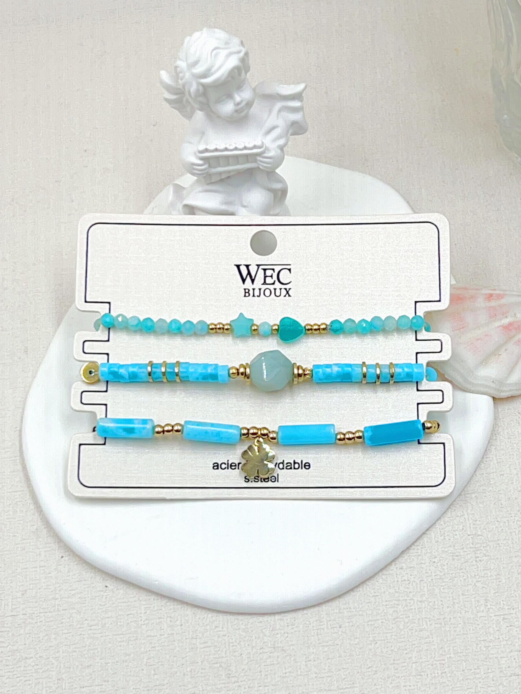 Grossiste WEC Bijoux - LOT DE 3 BRACELETS ELASTIQUE EN ACIER INOXYDABLE,PIERRE