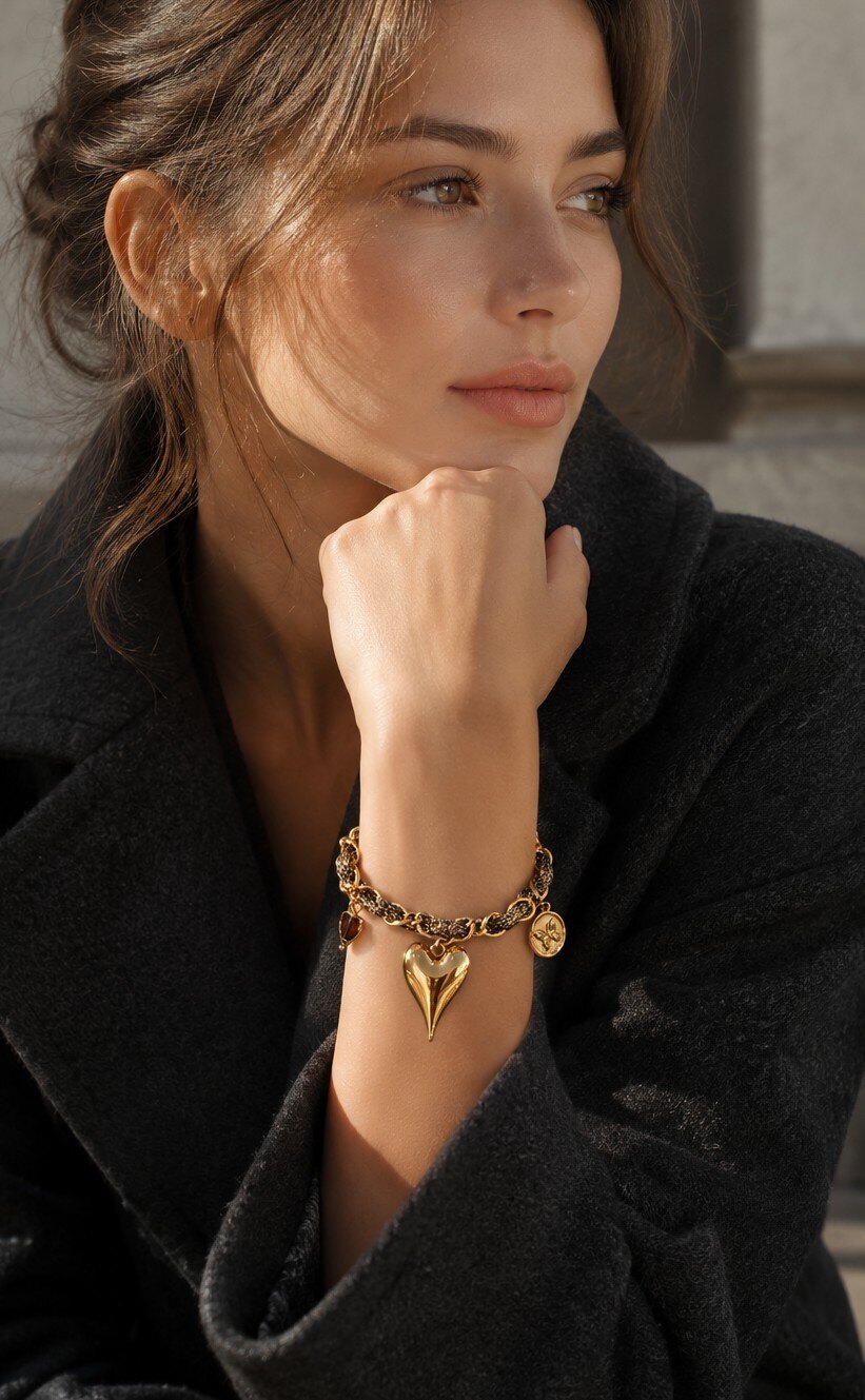 Mayorista WEC Bijoux - Pulsera de Eslabones y Tela Trenzada de Acero Inoxidable — Dijes de Corazón y Mariposa de Acero Inoxidable