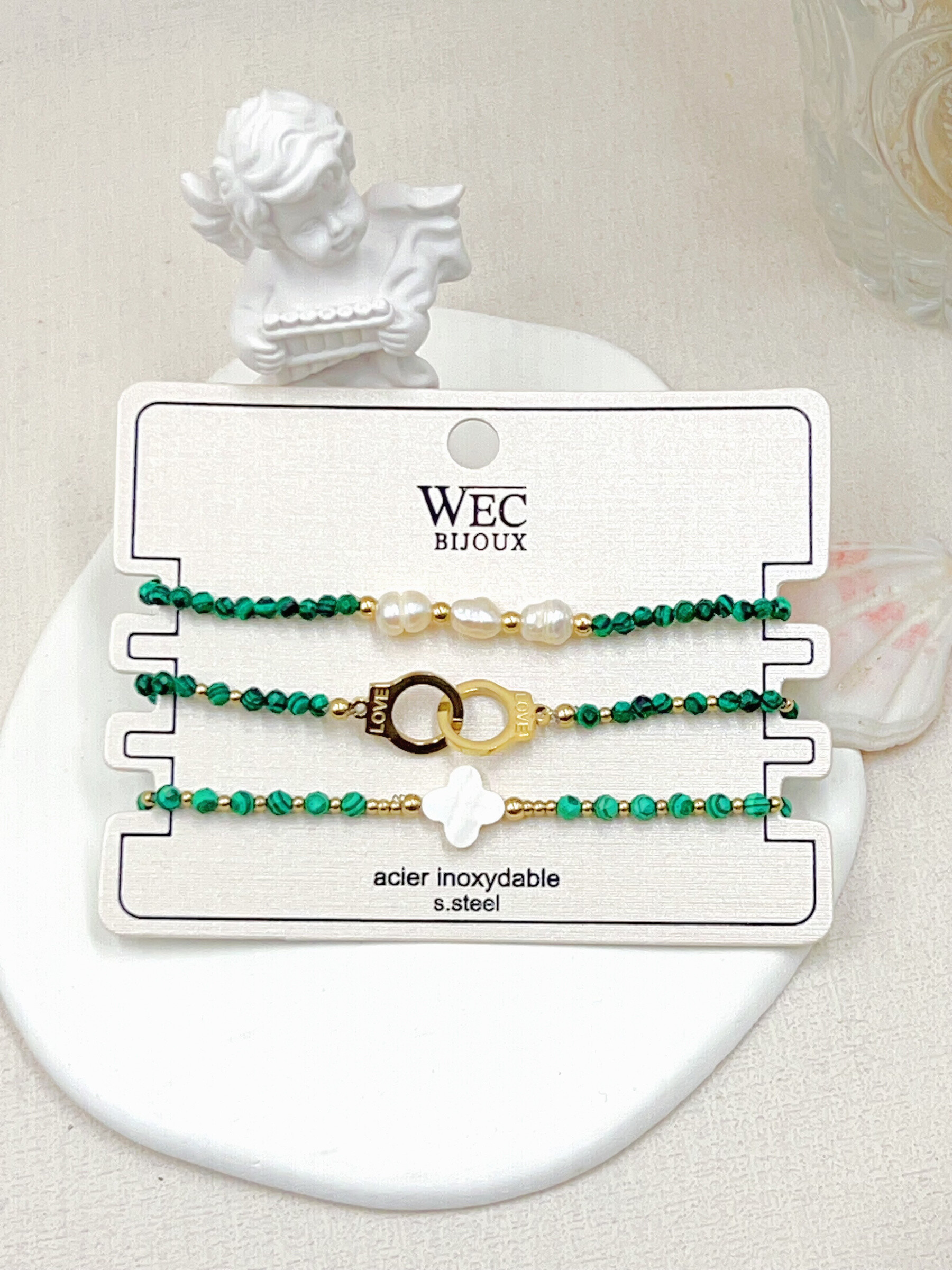 Grossiste WEC Bijoux - LOT DE 3 BRACELETS ELASTIQUE EN ACIER INOXYDABLE,PIERRE