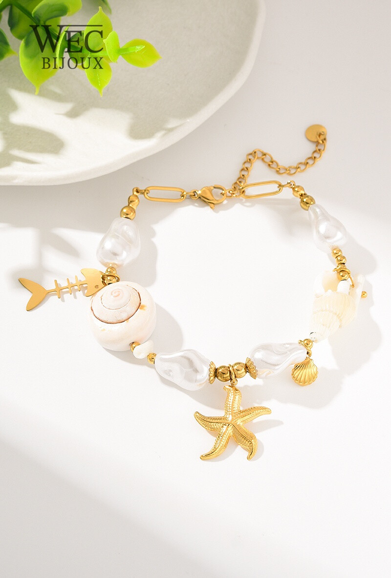 Grossista WEC Bijoux - BRACCIALE IN ACCIAIO INOSSIDABILE, PERLA, CONCHIGLIA E MARE