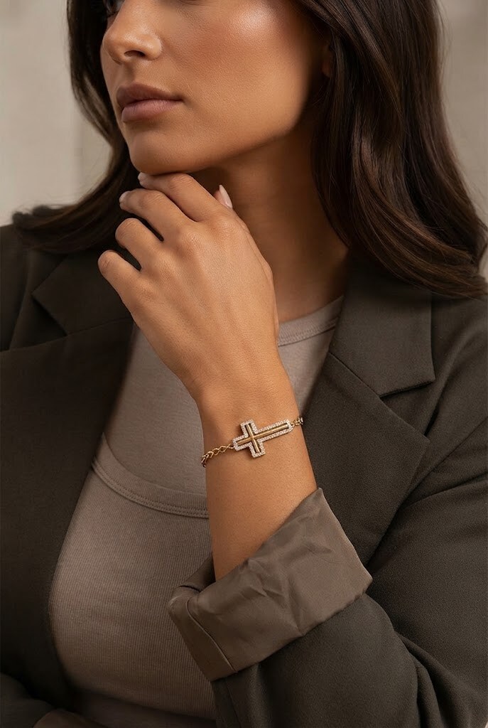 Grossista WEC Bijoux - Bracciale Croce con Strass in Acciaio Inossidabile