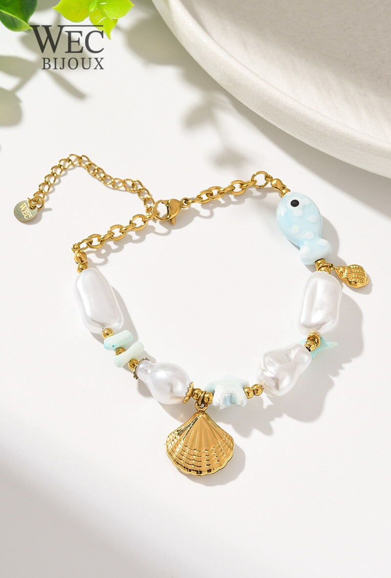 Wholesaler WEC Bijoux - STAINLESS STEEL BRACELET, FISH, PEARL AND SHELL