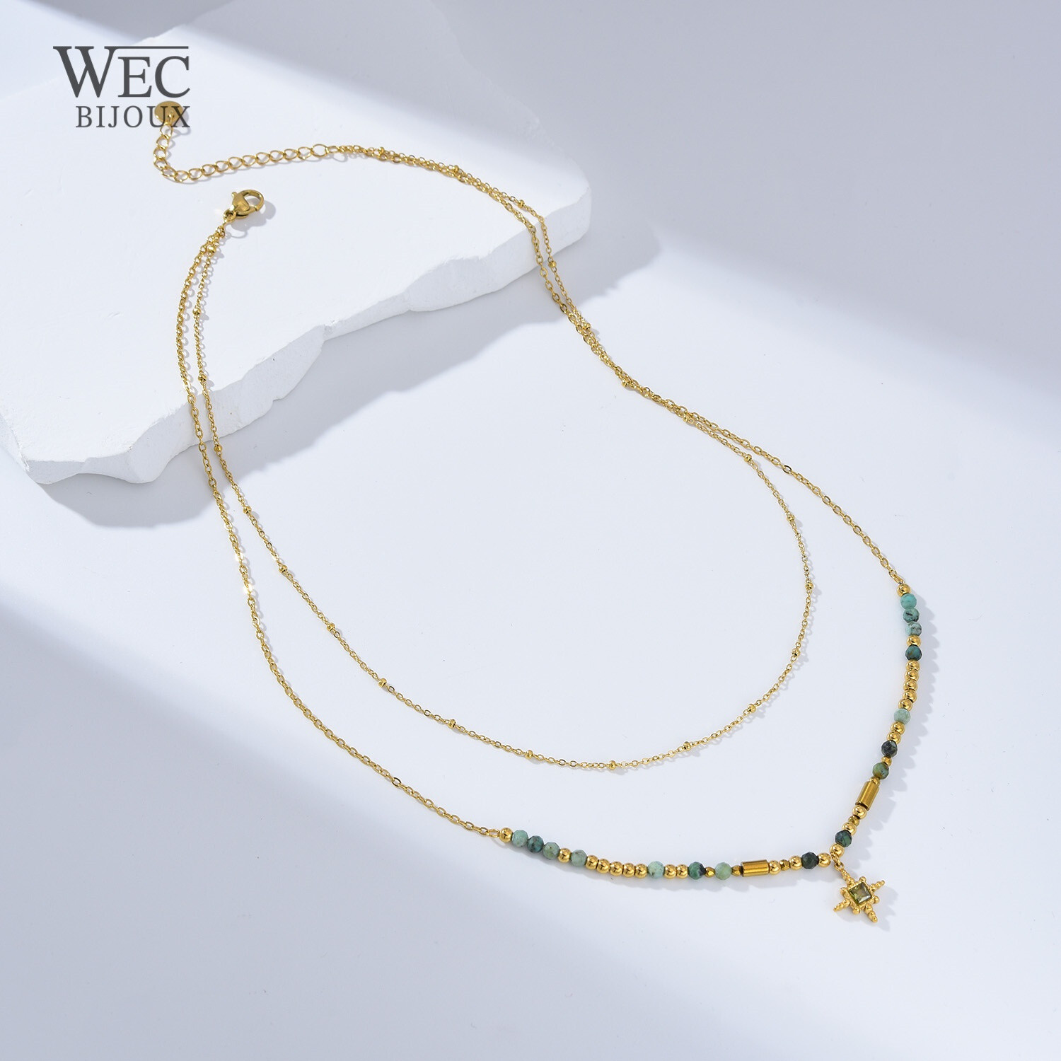 Wholesaler WEC Bijoux - DOUBLE CHAIN ​​NECKLACE IN STAINLESS STEEL + NATURAL STONE