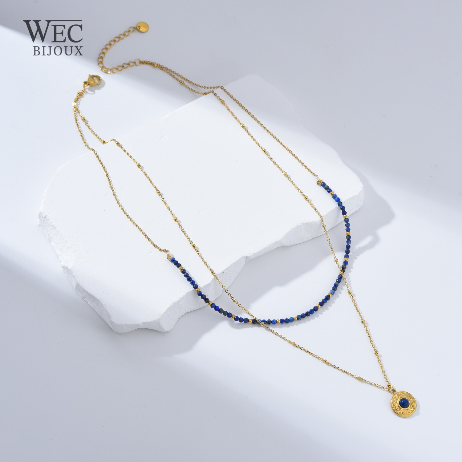 Grossiste WEC Bijoux - COLLIER DOUBLE CHAINE EN ACIER INOXYDABLE+PIERRE NATURELLE