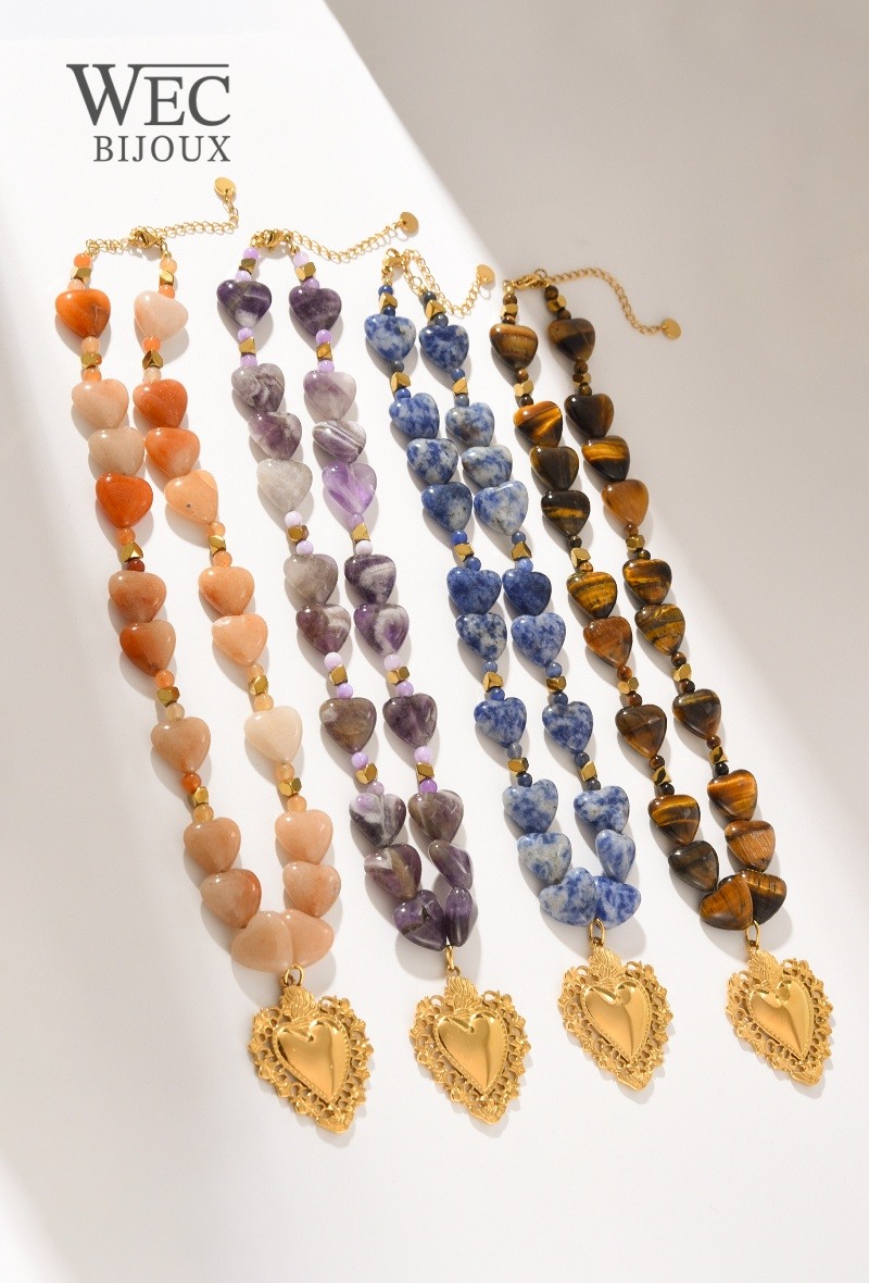 Mayorista WEC Bijoux - COLLAR DE CORAZÓN DE PIEDRA NATURAL CON COLGANTE DE ACERO INOXIDABLE