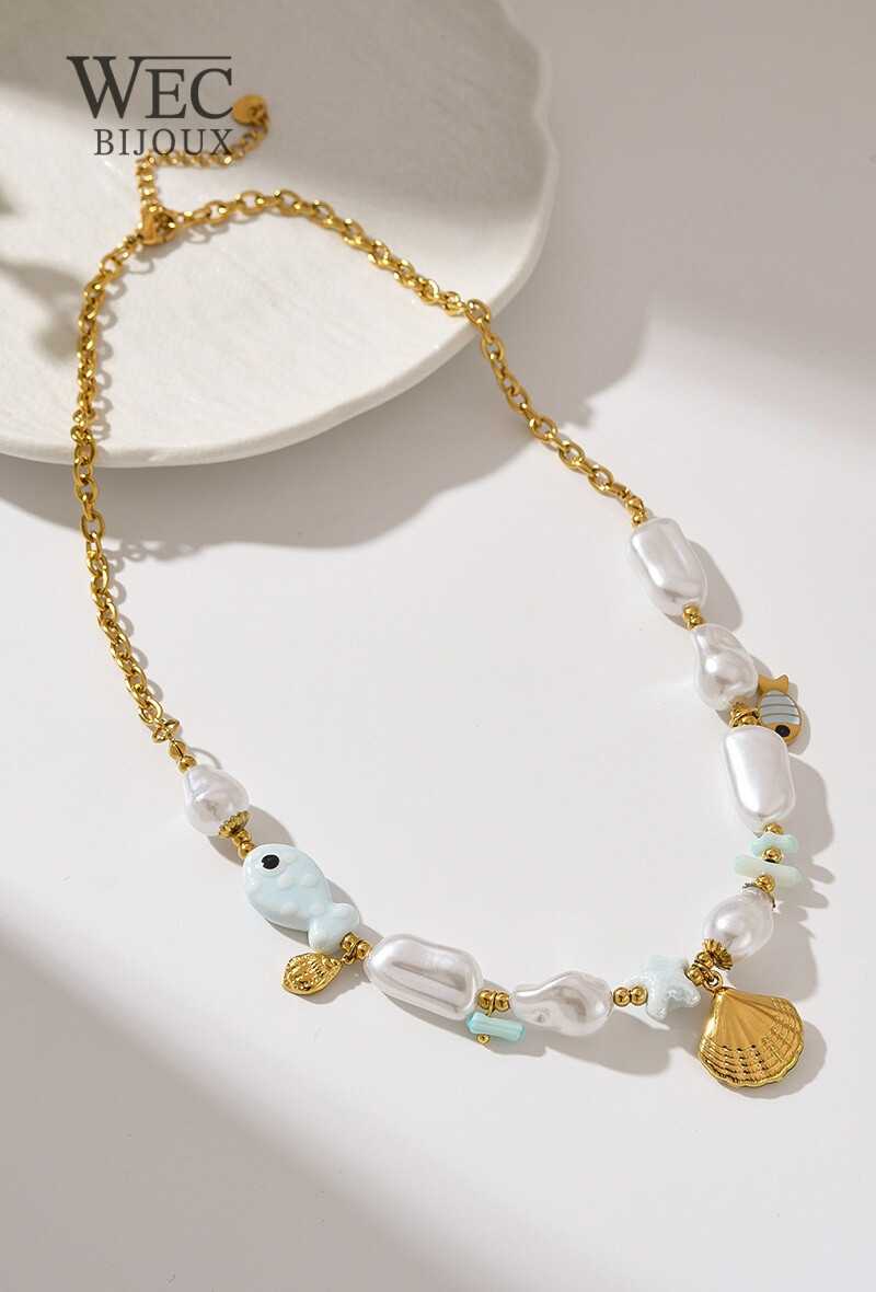 Wholesaler WEC Bijoux - STAINLESS STEEL NECKLACE, FISH, PEARL AND SHELL