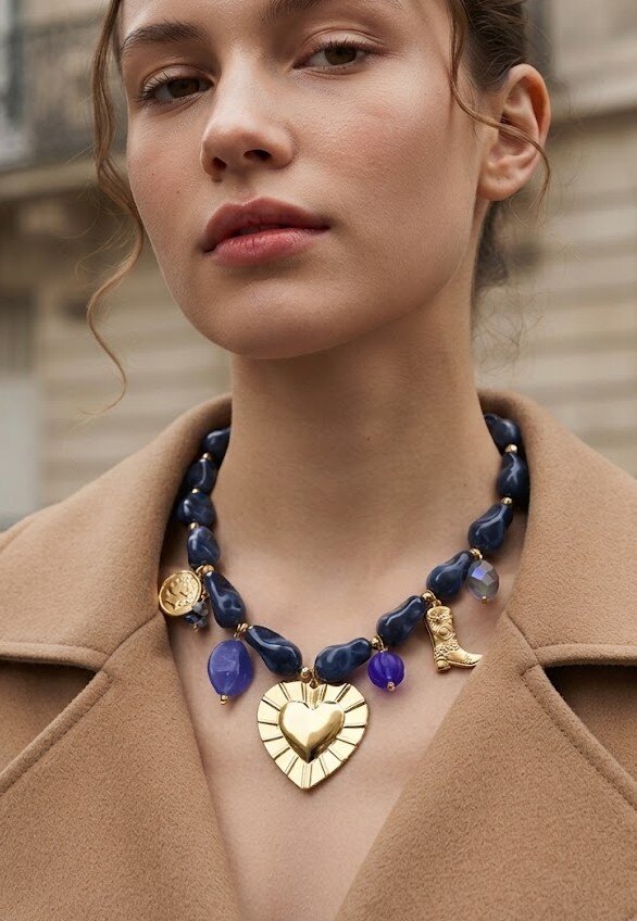 Grossiste WEC Bijoux - Collier à breloques multiples et perles organiques en acier inoxydable