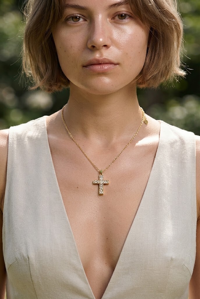 Grossista WEC Bijoux - Collana in acciaio inossidabile con finiture dorate — Pendente a croce con cristalli sfaccettati
