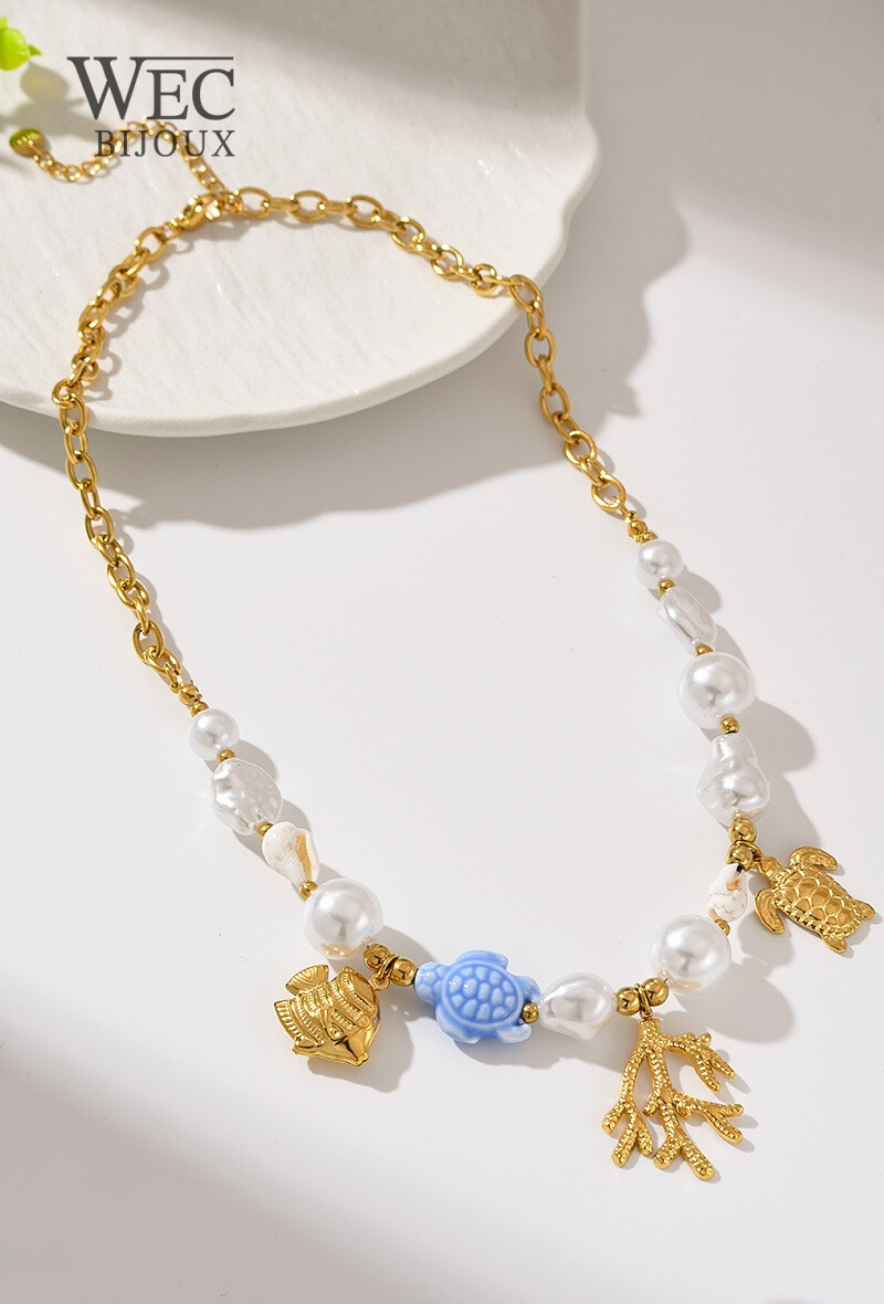 Wholesaler WEC Bijoux - STAINLESS STEEL NECKLACE WITH PEARL, SEA TURTLE CHARM, FISH AND CORAL