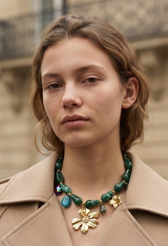 Grossiste WEC Bijoux - Collier plastron floral et perles marbrées vert malachite — Acier inoxydable doré