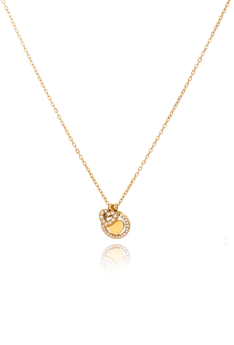Collier Double Rangée Acier Inoxydable Doré – Pendentif Cœur Cristal – Neuf