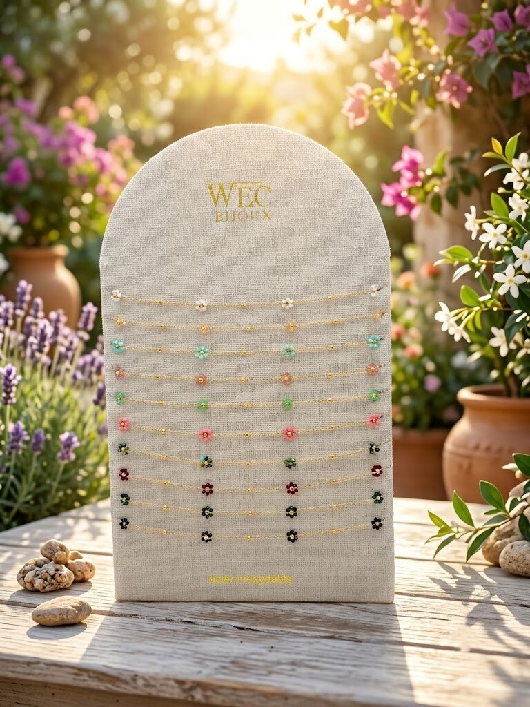 Grossiste WEC Bijoux - Lot de 10 Colliers Fleurs Perles en acier inoxydable + présentoir