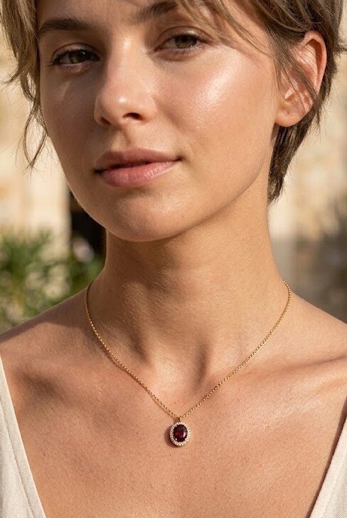 Grossista WEC Bijoux - Collana con Pendente Halo in Acciaio Inossidabile — Pietra Ovale e Zirconi