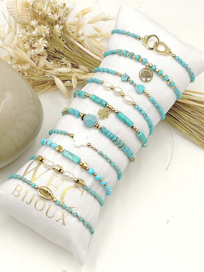 Grossiste WEC Bijoux - LOT DE 10 BRACELETS ELASTIQUE EN ACIER + PIERRE AVEC BOUDIN
