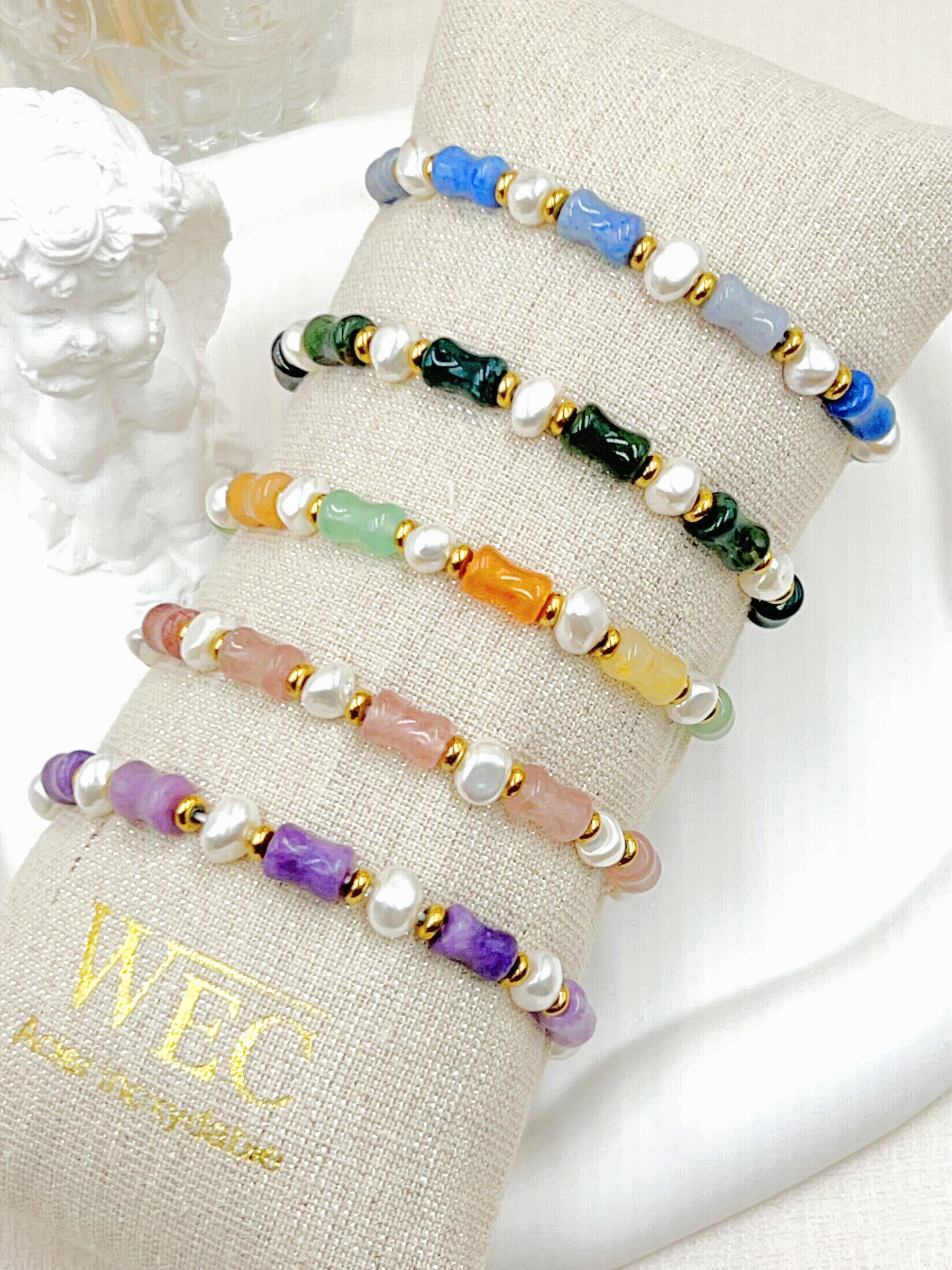 Mayorista WEC Bijoux - SET DE 5 PULSERAS ELÁSTICAS DE ACERO INOXIDABLE CON PIEDRA+BUDDIN