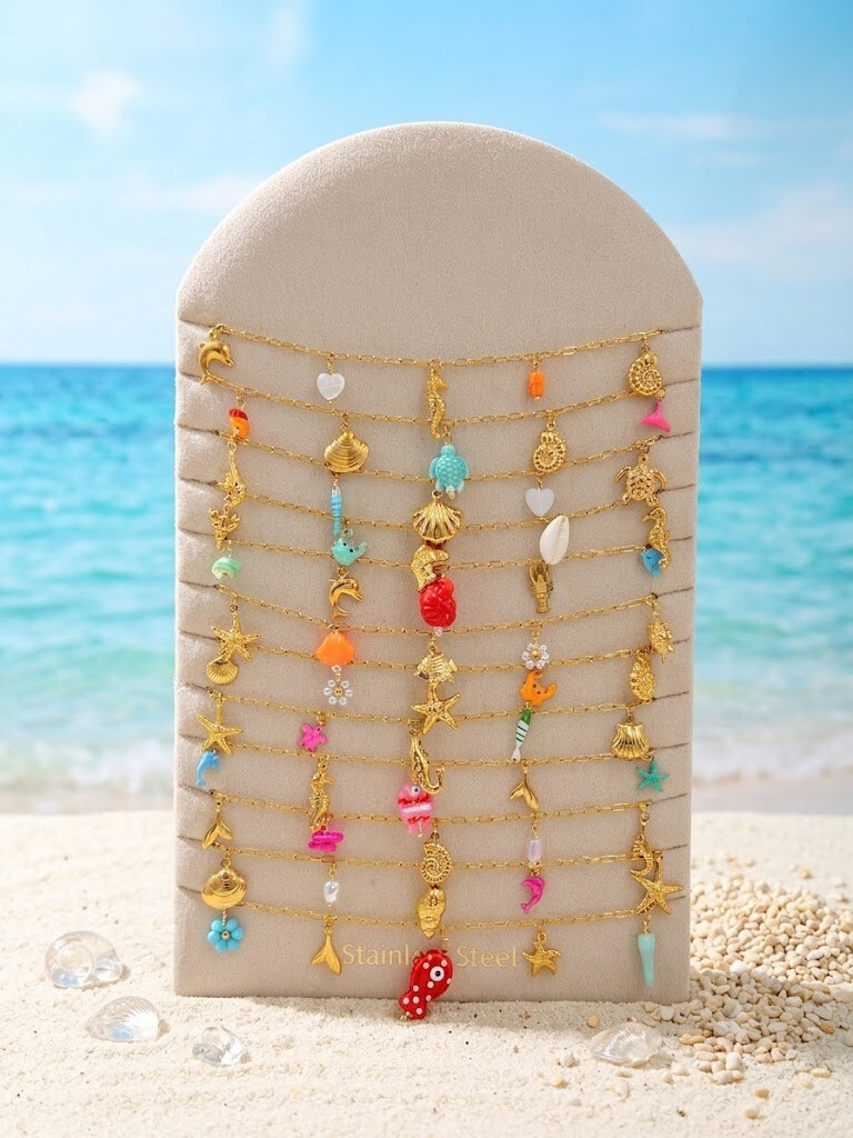 Grossiste WEC Bijoux - Lot de 12 Colliers Thème Marin en acier inoxydable +Présentoir