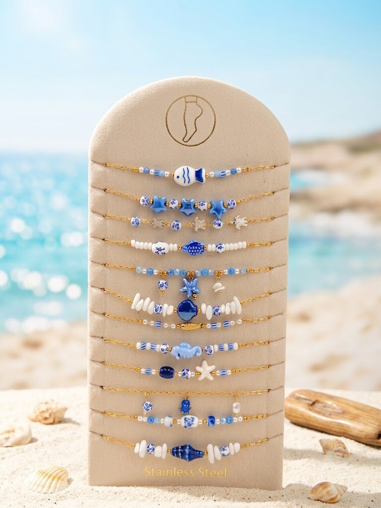 Grossiste WEC Bijoux - Lot de 12 Chaînes de Cheville « Esprit Méditerranée » en acier inoxydable +présentoir
