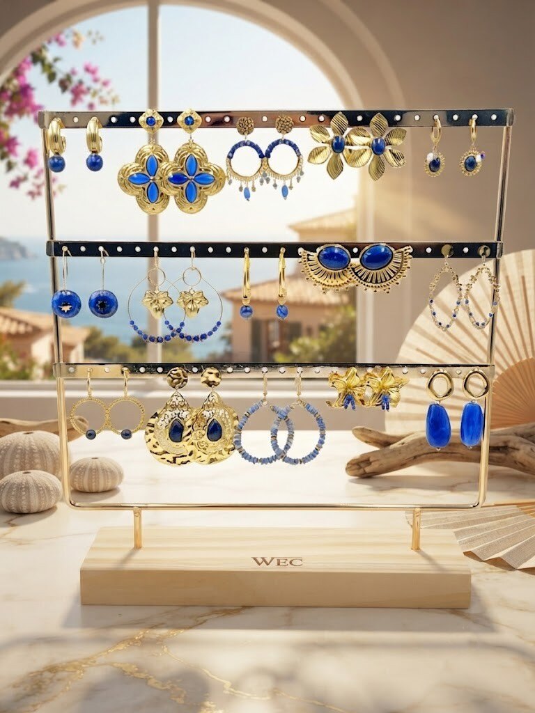 Grossiste WEC Bijoux - Lot de 15 Boucles d'Oreilles en Acier Inoxydable — Nuances de Bleu & Doré