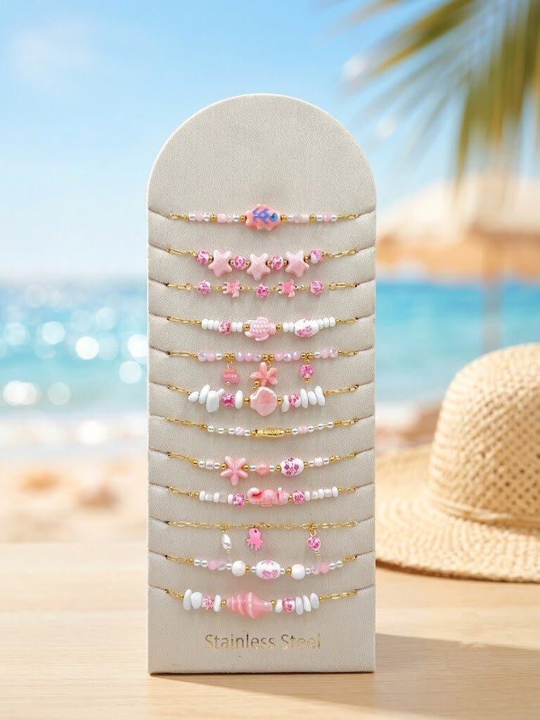 Grossiste WEC Bijoux - Lot de 12 Bracelets Thème Marin Pink Summer en acier inoxydable + présentoir
