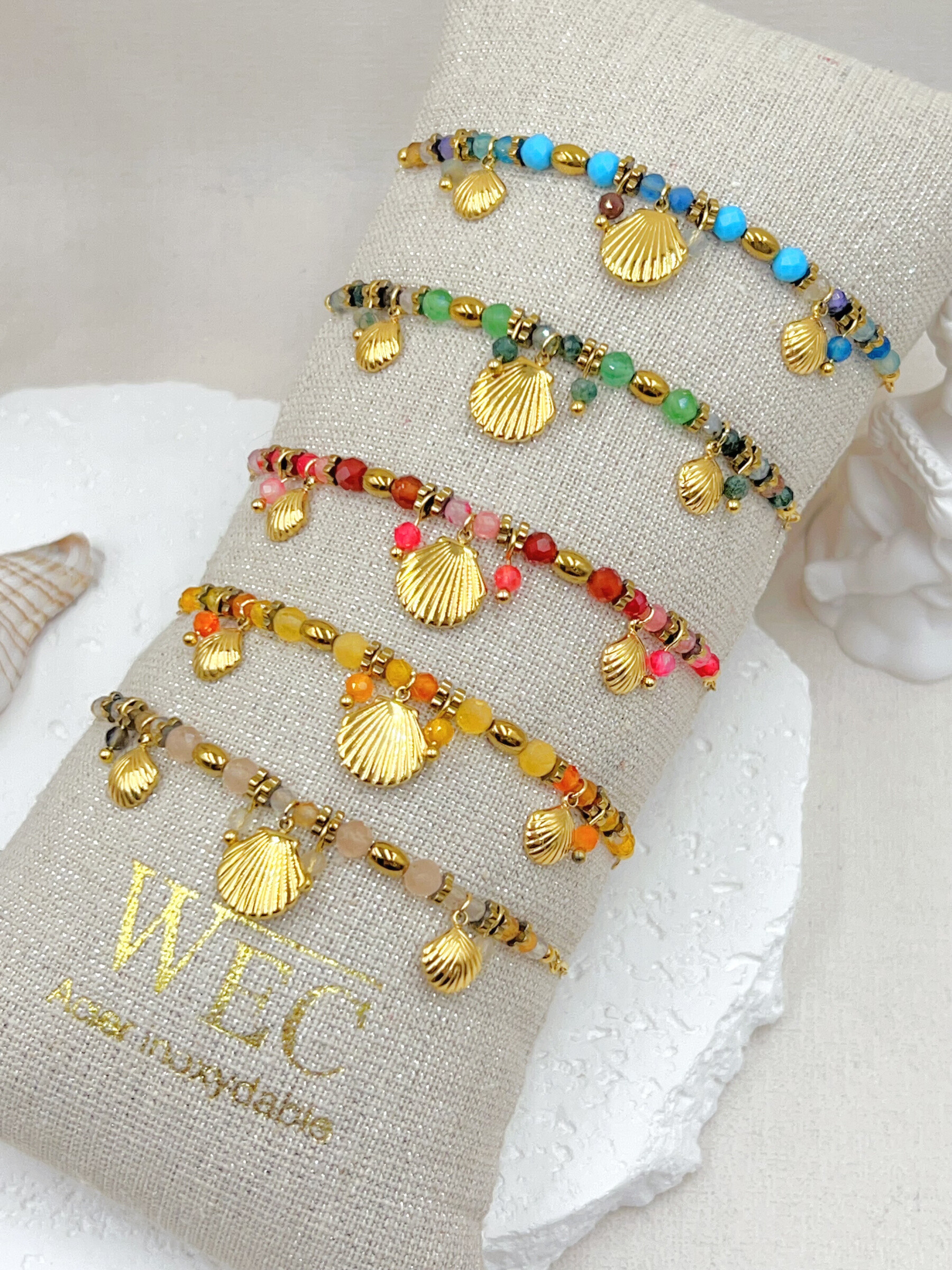 Grossiste WEC Bijoux - LOT DE 5 BRACELETS EN ACIER INOXYDABLE ,PIERRE +BOUDIN