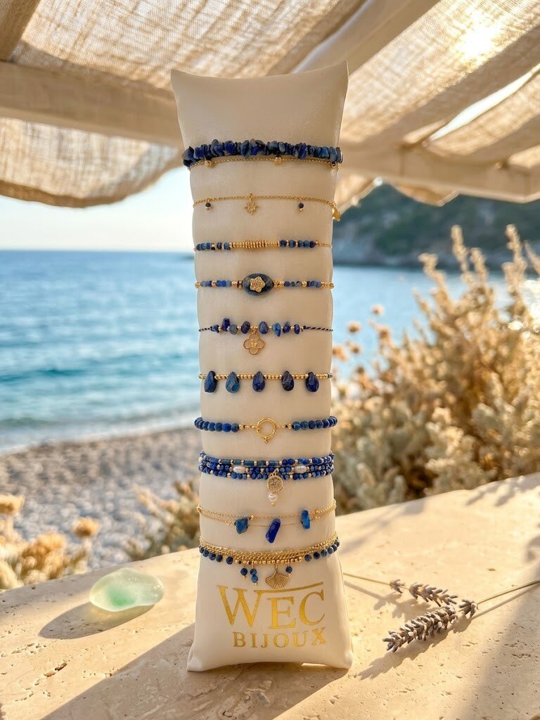 Grossista WEC Bijoux - Set di 10 Braccialetti in Acciaio Inossidabile e Lapislazzuli + ciondolo