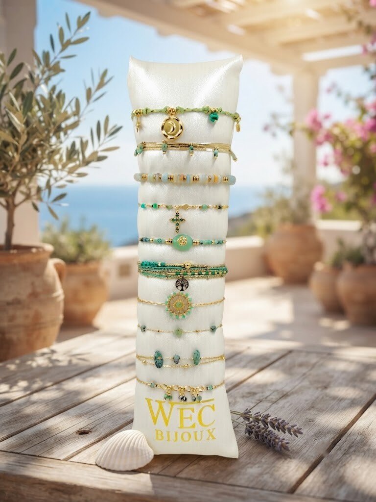 Grossiste WEC Bijoux - Lot de 10 Bracelets en Acier Inoxydable & Pierres Vertes + boudin