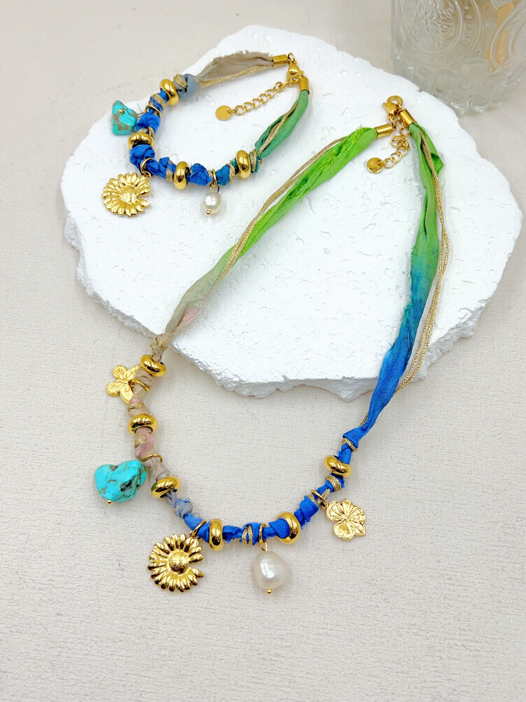 Grossiste WEC Bijoux - ENSEMBLE COLLIER+BRACELET EN ACIER INOXYDABLE,TISSU