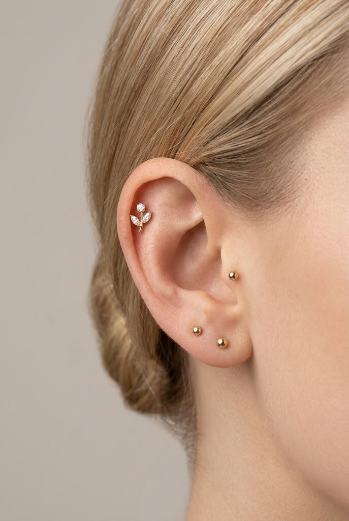 Großhändler WEC Bijoux - Titan-Labret-Piercing — Pflanzenzweig-Design mit Zirkonia