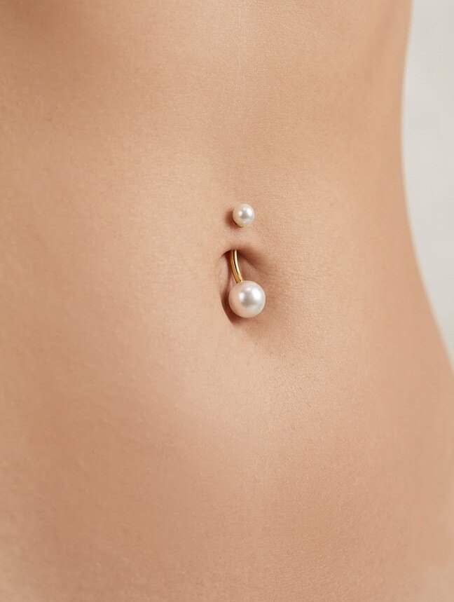 Grossiste WEC Bijoux - Piercing de Nombril BANANE en Acier inoxydable & Perles Nacrées – Élégance & Douceur