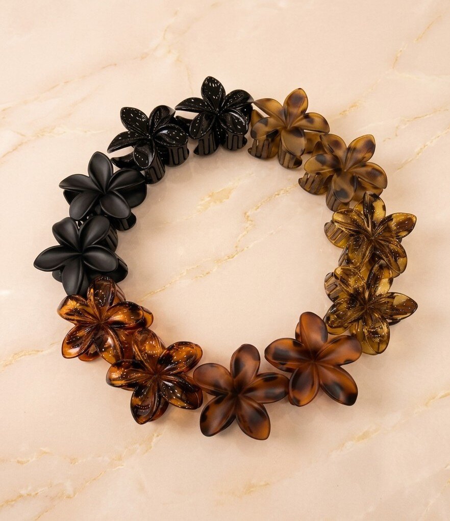 Grossiste WEC - Lot de 12 Pinces à Cheveux Fleurs Tropicales – Collection Écaille & Mat